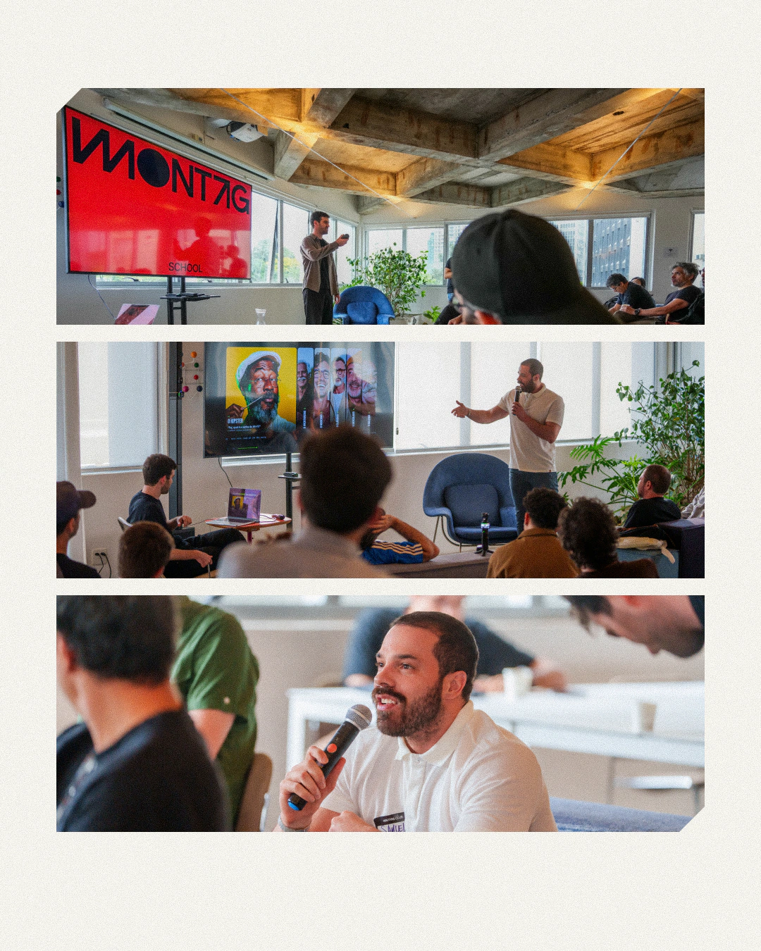 Composição com registros do espaço, do público e da conversa com Samuel Sposito no Montag Club.