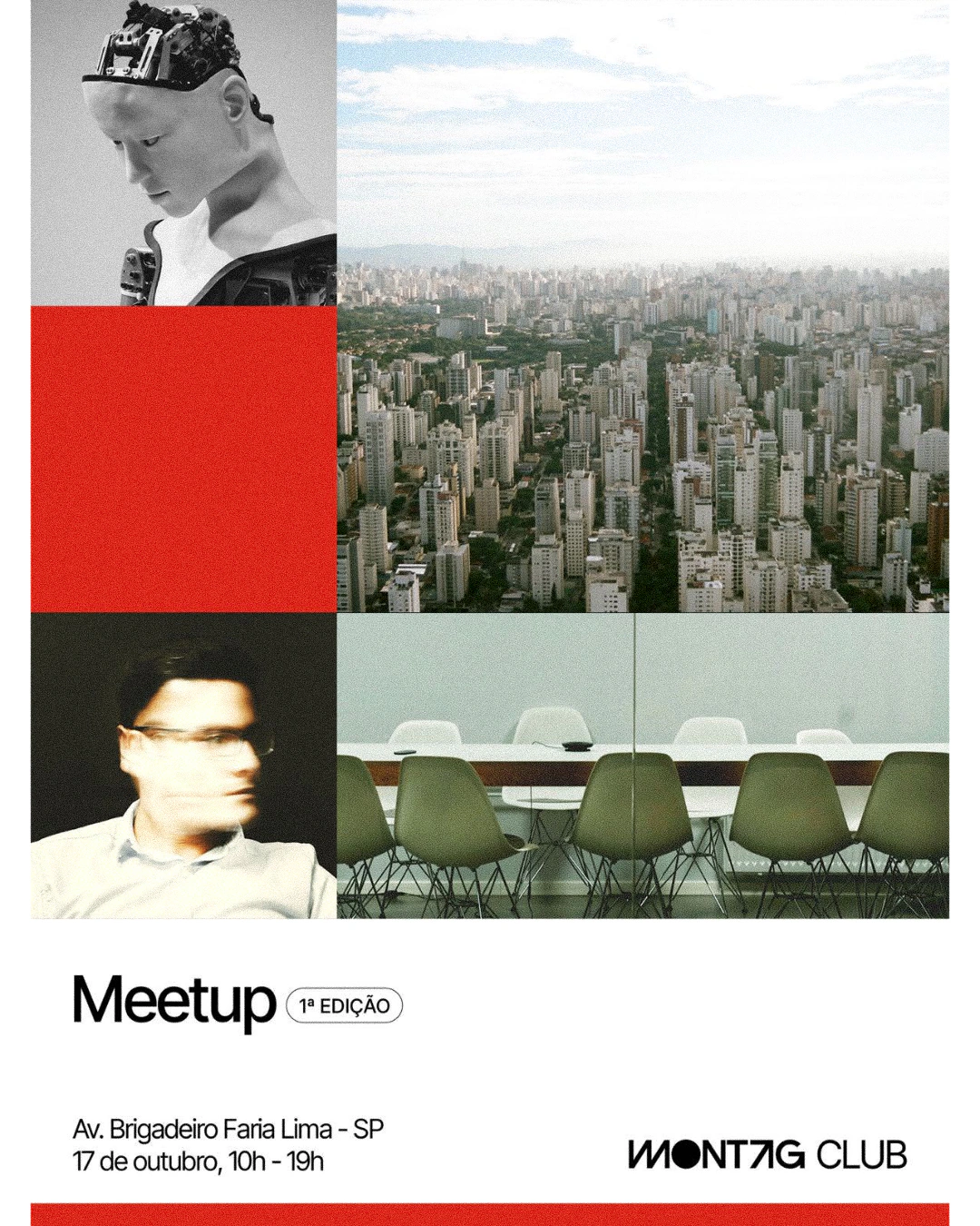 Cartaz do primeiro Meetup do Montag Club, com colagem de retratos e paisagem de São Paulo.