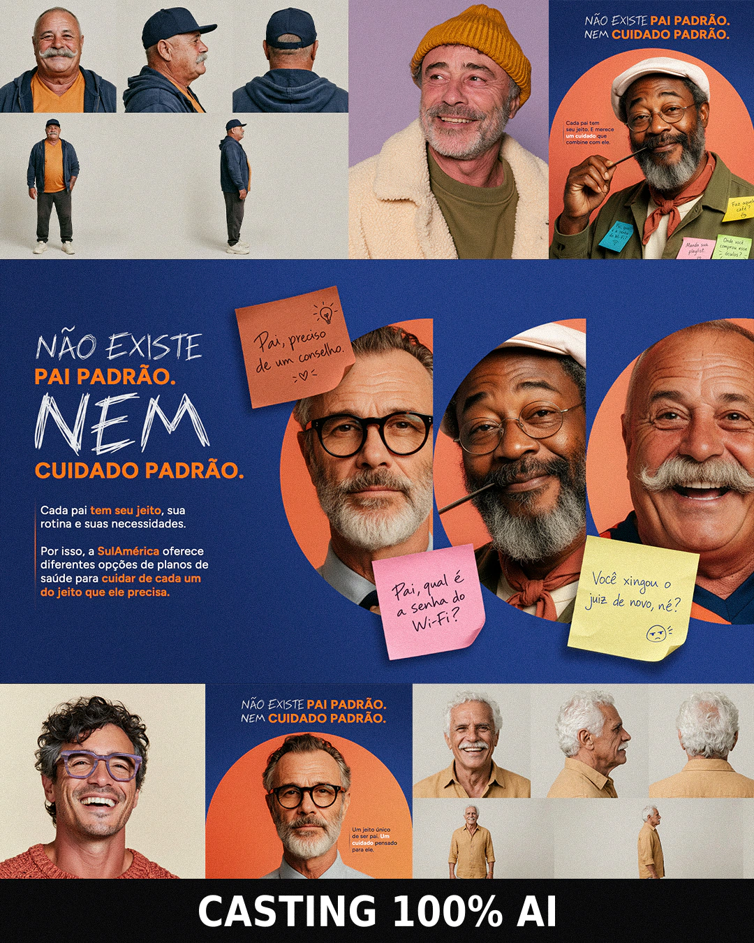 Prancha da campanha de Dia dos Pais com personagens, estudos de casting e aplicações criadas com IA.