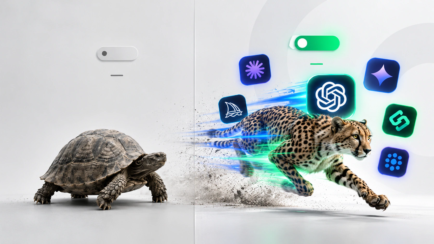 Uma tartaruga dá lugar a um felino em movimento, acompanhado de símbolos de inteligência artificial.