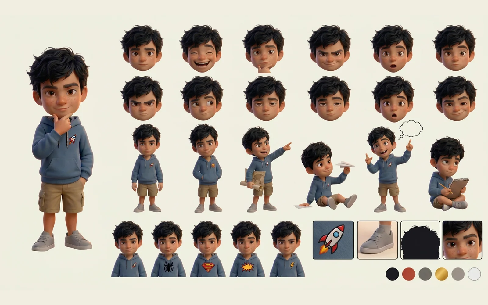Ficha de desenvolvimento do Muca, com expressões, poses, roupas e paleta de cores.