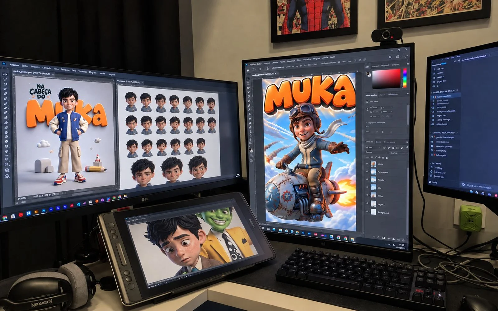 Mesa de criação com monitores e mesa digitalizadora exibindo estudos do personagem Muca.